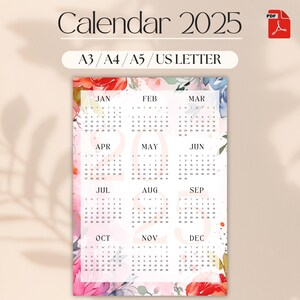2025 Calendar | Colorful calendar with flowers | A3, A4, A5, US LETTER Formats | Digital Product