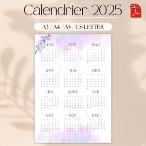 Calendrier Annuel 2025 à Imprimer - Vue d'Ensemble en Aquarelle Pastel - Formats A4, A3, A5, US LETTER - Version Digitale PDF