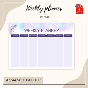 Printable Weekly Planner - Pastel Watercolor Floral Design - A4, A3, A5, US LETTER Sizes - Digital PDF Weekly Organizer