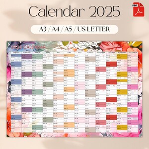 2025 Yearly Calendar - Floral Design | Printable PDF Files | A3, A4, A5, US LETTER