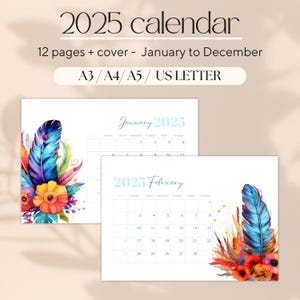 Druckbarer Kalender 2025 – PDF-Datei mit 12 Seiten + Einbänden – Feder- und Blumenillustrationen – Größen A3/A4/A5/US-BUCHSTABEN