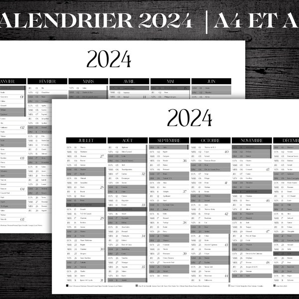 French printable 2024 calendar, PDF to download, with holy days and holidays, 12-month double-sided calendar, A3 and A4 format