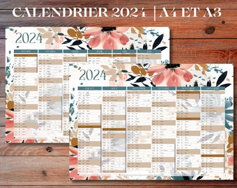 French printable 2024 calendar, PDF to download, with holy days and holidays, 12-month double-sided calendar, A3 and A4 format