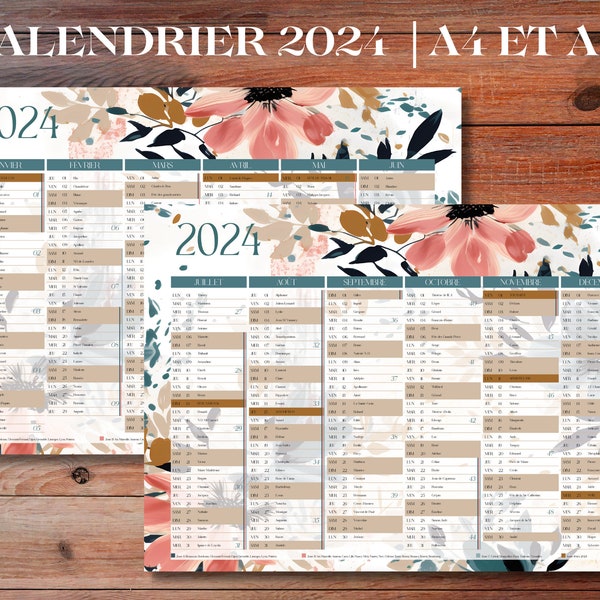 French printable 2024 calendar, PDF to download, with holy days and holidays, 12-month double-sided calendar, A3 and A4 format