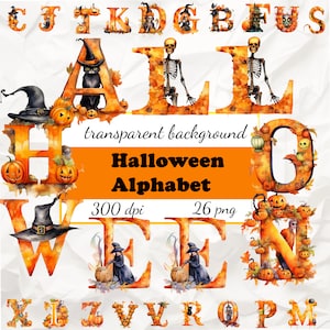 Alfabeto de Halloween en acuarela, 26 letras de Halloween, clipart de letras de Halloween png, letras de garabatos de Halloween, carta de otoño, fuente espeluznante