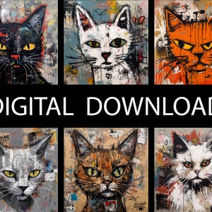 Cat art, set of 6 art, cat illustration, black cat art, digital download, digital art, printable art, Wall Art
