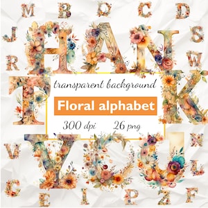 Alfabeto floral colorido png, alfabeto acuarela png, 26 imágenes prediseñadas de letras florales, letra Boho, flor Boho, pegatinas, imágenes prediseñadas florales