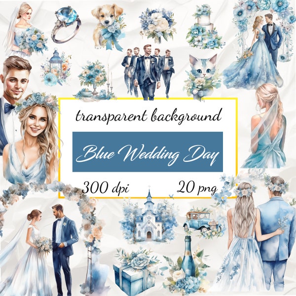 Watercolor Blue Wedding Day Clipart, Blue Wedding Bundle, Watercolor Wedding Clipart, Bride Groom Clipart, Scrapbook, Blue Wedding PNG