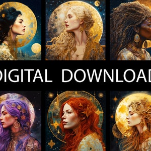 Schöne magische Frauen, digitale Packung mit 6 Illustrationen, kosmische Frau, Tarotkarte, druckbares Poster, Wandkunst Poster, AI Digital Art