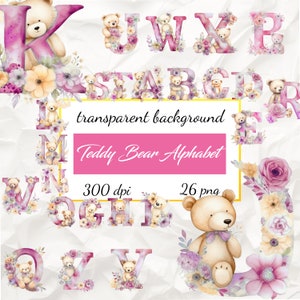 Alfabeto de oso de peluche lindo acuarela, alfabeto floral pastel png, alfabeto rosa, alfabeto recién nacido, letra pastel, letra boho, letra rosa