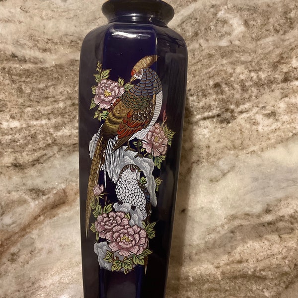 Vintage 11” Japanese Cobalt Blue Japanese Floral Peacock 8 sided vase