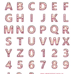 May include: A full set of pink iridescent balloon letters and numbers, including the alphabet, numbers 0-9, and punctuation marks. The balloons are in a metallic finish, perfect for party decorations. The text "PINK IRIDESCENT PACK 01" is visible.