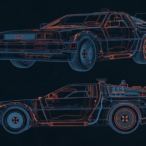 May include: Two detailed wireframe illustrations of a DeLorean car, one from the front and one from the side, rendered in orange and blue against a dark blue background. The DMC logo is visible.