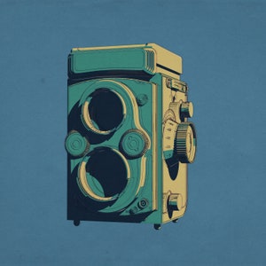 Vintage Medium Format Camera Poster, Twin Lens, Halftone Pattern, 5 Color Bundle