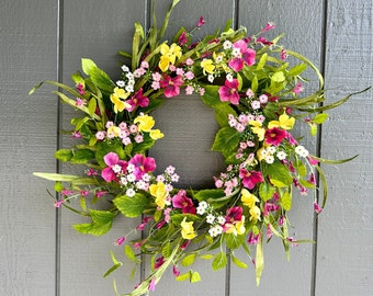 22" Spring Pansy Wildflower Wreath | Daisy Wreath for Summer | Pink Wreath | Yellow Wreath | Spring Wreath | Summer Wreath |