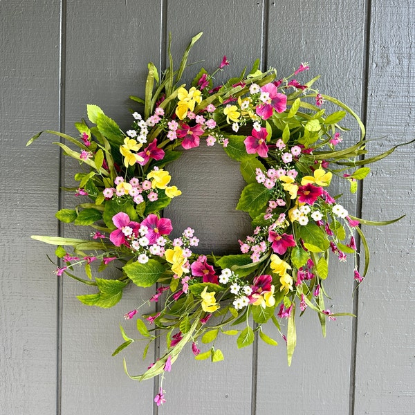 22" Spring Pansy Wildflower Wreath | Daisy Wreath for Summer | Pink Wreath | Yellow Wreath | Spring Wreath | Summer Wreath |