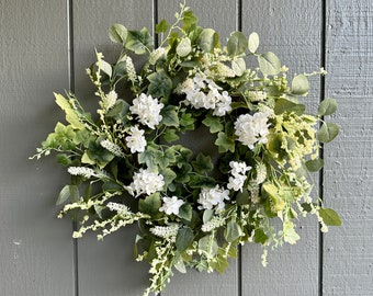 22" White Hydrangea Wreath with Twig Base for Front Door | Spring White Wreath | Summer Hydrangea Wreath | Home Decor |
