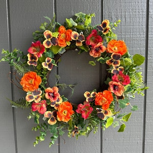 24" Poppy Wreath for Front Door / Twig Base | Spring Poppy Wreath | Orange Wreath for Spring |Pansy Wreath for Spring|