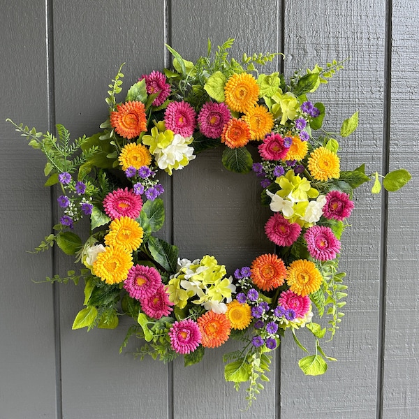 22" Spring Daisy Wreath /Twig Base | Colorful Daisy Wreath for Summer | Summer Wreath for Front Door| Daisy Wreath | Spring Door Wreaths