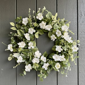 22" Cherry Wreath for Front Door | White Spring Cherry Wreath | Hydrangea Wreath | White Rose Wreath |