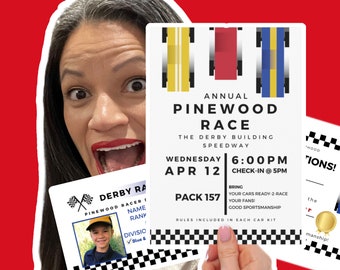 BUNDLE Digital CANVA Templates - Pinewood Race Car Derby! Derby Invites + Drivers Licenses + Toppers & Tags + Derby Pit Passes | #DD01BUN