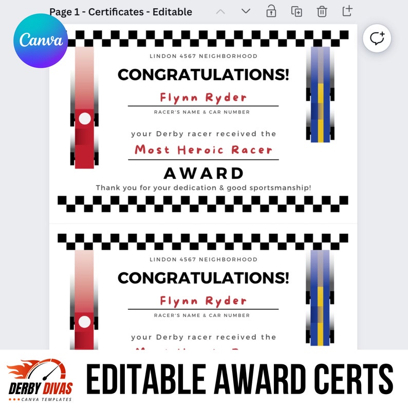 Editable Award Certificates Pinewood Race Car Derby Race Car Party Digital 8.5x11 2-UP & PDF Digital ONLY Canva Template DD05CERT image 2