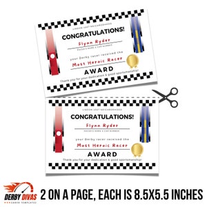 Editable Award Certificates Pinewood Race Car Derby Race Car Party Digital 8.5x11 2-UP & PDF Digital ONLY Canva Template DD05CERT image 3