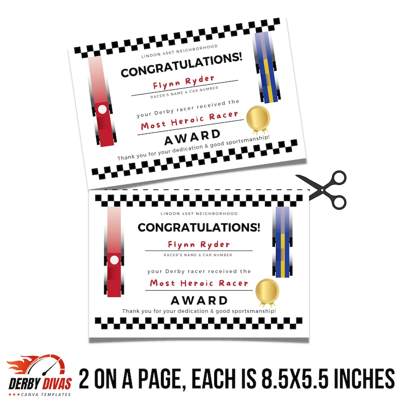 Editable Award Certificates Pinewood Race Car Derby Race Car Party Digital 8.5x11 2-UP & PDF Digital ONLY Canva Template DD05CERT image 3