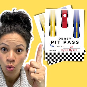 Editable Derby Pit Passes | Pinewood Race Car | Checkered Race Car Party | Digital 8.5x11 6-UP | Digital ONLY Canva Template - #DD04PASS
