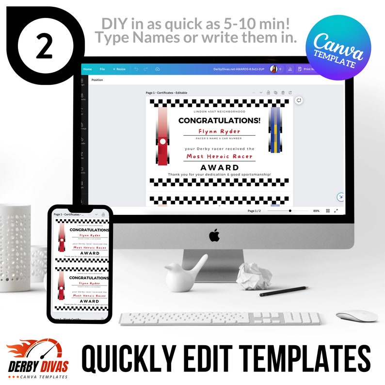 Editable Award Certificates Pinewood Race Car Derby Race Car Party Digital 8.5x11 2-UP & PDF Digital ONLY Canva Template DD05CERT image 5