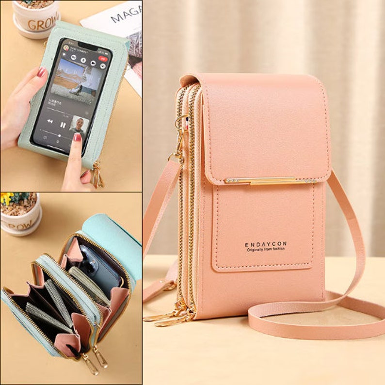 Vegan Leather Pouch, Phone Shoulder Bag, Phone Carrier, Multi Colors, Cell Phone Bag for Girls Slim Crossbody Mobile Phone Bag Light Pink