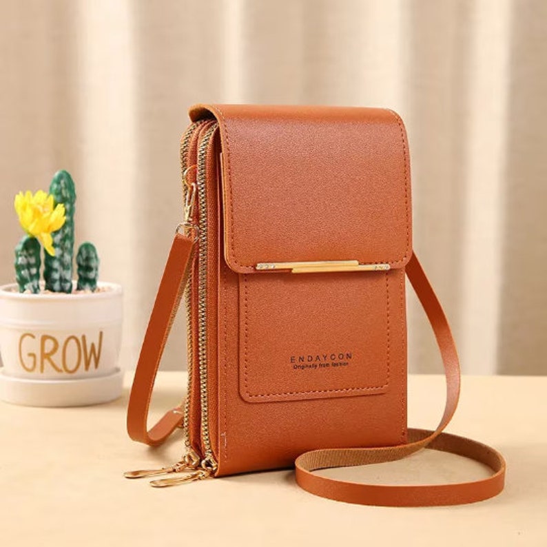 Vegan Leather Pouch, Phone Shoulder Bag, Phone Carrier, Multi Colors, Cell Phone Bag for Girls Slim Crossbody Mobile Phone Bag Brown