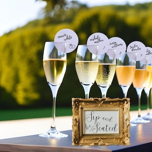 Find Your Seat in Style - Personalized Champagne Glass Tags and &quot;Sip and Be Seated&quot; Sign for Your Wedding!
