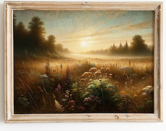Printable Spring Meadow Painting, Wildflower Landscape Oil Paint, Vintage Landscape Print, Country Field Digital Download, Farmhouse Decor