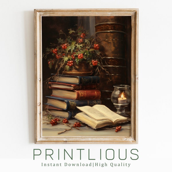 Rustic Christmas Wall Art Book Art Still Life Printable Vintage Christmas Decor Winter Print Oil Painting Dark Academia Decor Holiday