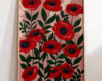 Poppy Art Print, Vintage Decor Minimalist Abstract, Poppy Print, Botanical Print Poster, Floral Print, Bedroom Decor, Digital Download