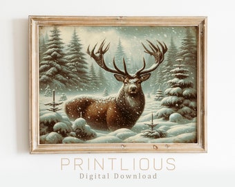 Snowy Forest Wall Art Deer Painting Christmas Decor Vintage Painting Christmas Wall Art Nature Wall Art Rustic Winter Seasonal Decor