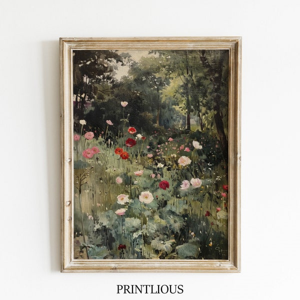 Printable Vintage Painting Wildflower Meadow Vintage Oil Painting of Flowers Garden Neutral Wall Art Antique Oil Painting Digital Print