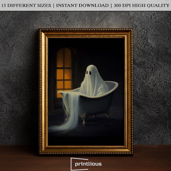 Ghost in the Bathtub , Halloween Digital Print , Halloween Ghost Painting , Halloween Poster , Halloween Wall Art , Dark Academia