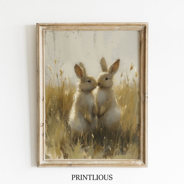 Bunnies in a Field Art Spring Bunny Rabbits Decor Vintage Easter Print Printable Farmhouse Decor Vintage Bunny Painting Easter Nursery Decor