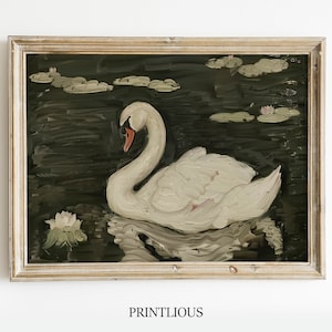Swan Art Print , Vintage Swan Painting , Nursery Painting , Antique Swan Painting, Swan Wall Art Soft Printable Wall Art Downloadable Prints