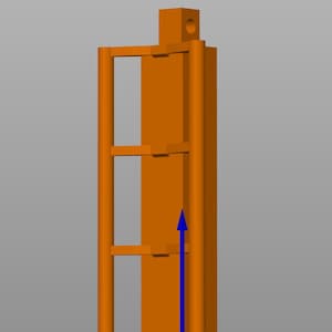 May include: An orange-colored, rectangular 3D model with a series of rectangular openings. The model has a cylindrical frame and a small rectangular top with a circular hole. A blue arrow points upward, with a green and red arrow pointing to the sides.