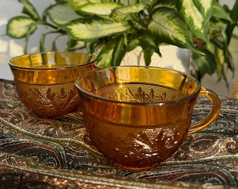Vintage Indiana Glass Tiara Sandwich Tea Cup Set: Amber Floral Boho