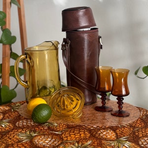 Vintage Lemonade Pitcher and Juicer Set  | Amber Yellow Glass | Home Decor | Cocktail | Party | Serving | Table scape | 70s | Citrus Reamer