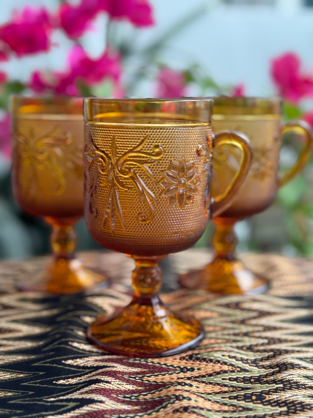 Set of 2 or 3 Vintage Tiara Amber Glassware Stemmed Coffee Mug With Handle Tea Mug Indiana Glass