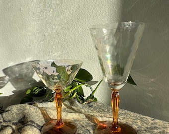 Juego de 4 copas de champán vintage Fostoria: cristal iridiscente ámbar