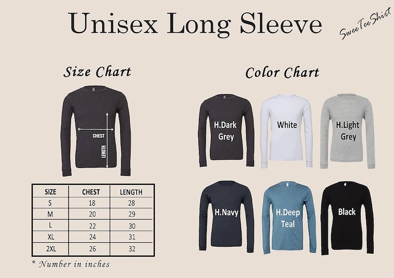 May include: Unisex long-sleeve t-shirt size chart with measurements in inches. Color chart shows the t-shirt in dark grey, white, light grey, navy, teal, and black.