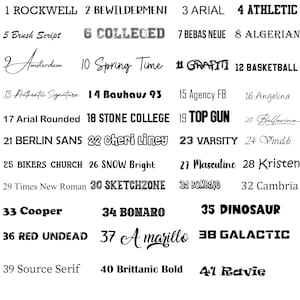 May include: A chart displaying 41 different font names, each with a number and a sample of the font. The font names include Rockwell, Bewilderment, Arial, Athletic, Brush Script, Colleged, Bebas Neue, Algerian, Amsterdam, Spring Time, Graffiti, Basketball, Authentic Signature, Bauhaus 93, Agency FB, Angelina, Belfarina, Vivaldi, Bikers Church, Snow Bright, Masculine, Kristen, Times New Roman, Sketchzone, Bombing, Cambria, Cooper, Bonaro, Dinosaur, Red Undead, Amarillo, Galactic, Source Serif, Brittanic Bold, and Ravie.