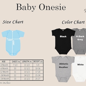 May include: Size chart for baby onesies with measurements in inches and pounds.  The chart shows chest, length, and weight for newborn to 24 months.  Color options include black, dark grey, athletic heather, and white.
