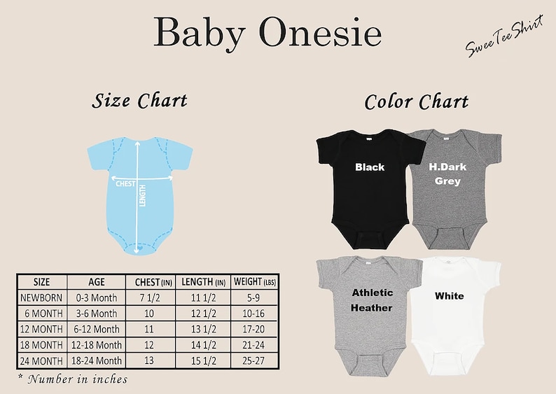 May include: Size chart for baby onesies with measurements in inches and pounds.  The chart shows chest, length, and weight for newborn to 24 months.  Color options include black, dark grey, athletic heather, and white.